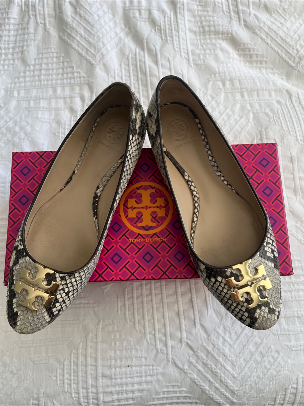 Tory Burch Black & Cream Snake-Print Ballet Flats with Gold Logo